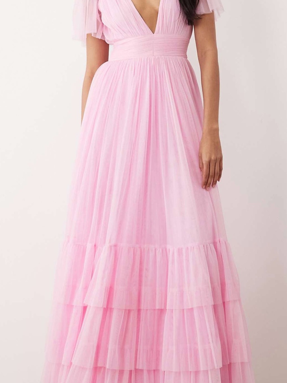 Lace & Beads Madison tulle flutter sleeve v neck maxi dress in pink